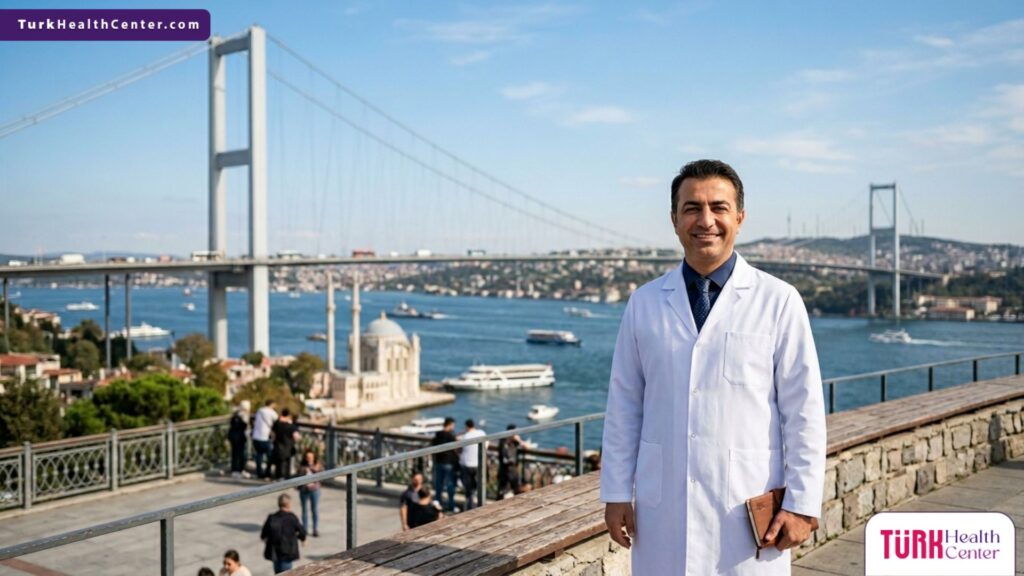 طبيب تجميل متخصص في تقنية الأكسجينيو في تركيا يقف بثقة أمام جسر البوسفور في إسطنبول.