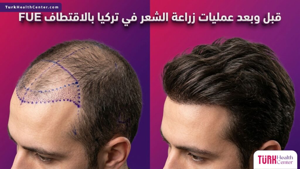 مقارنة قبل وبعد نتائج عمليات زراعة الشعر في تركيا بالاقتطاف FUE تظهر التخطيط الطبي قبل العملية والكثافة الطبيعية بعدها.