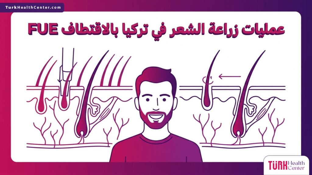 رسم توضيحي طبي يشرح التشريح الداخلي لبصيلات الشعر وكيفية عمل عمليات زراعة الشعر في تركيا بالاقتطاف FUE.