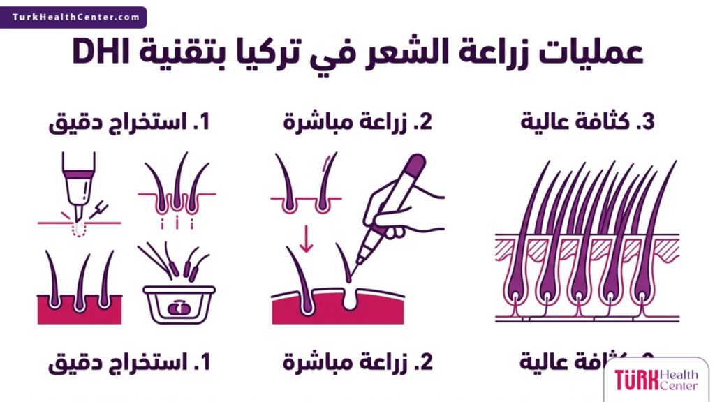 إنفوجرافيك يشرح الخطوات الثلاث الأساسية لنجاح عمليات زراعة الشعر في تركيا بتقنية DHI.