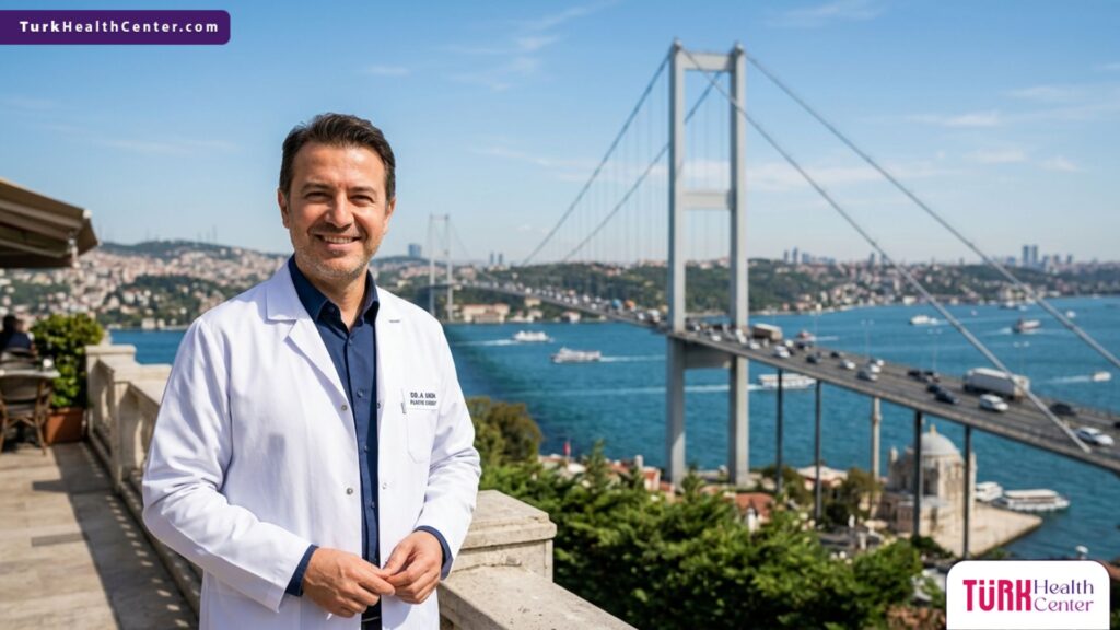 طبيب خبير يمثل الثقة والتميز في عمليات زراعة الشعر في تركيا بتقنية DHI أمام جسر البوسفور في إسطنبول.