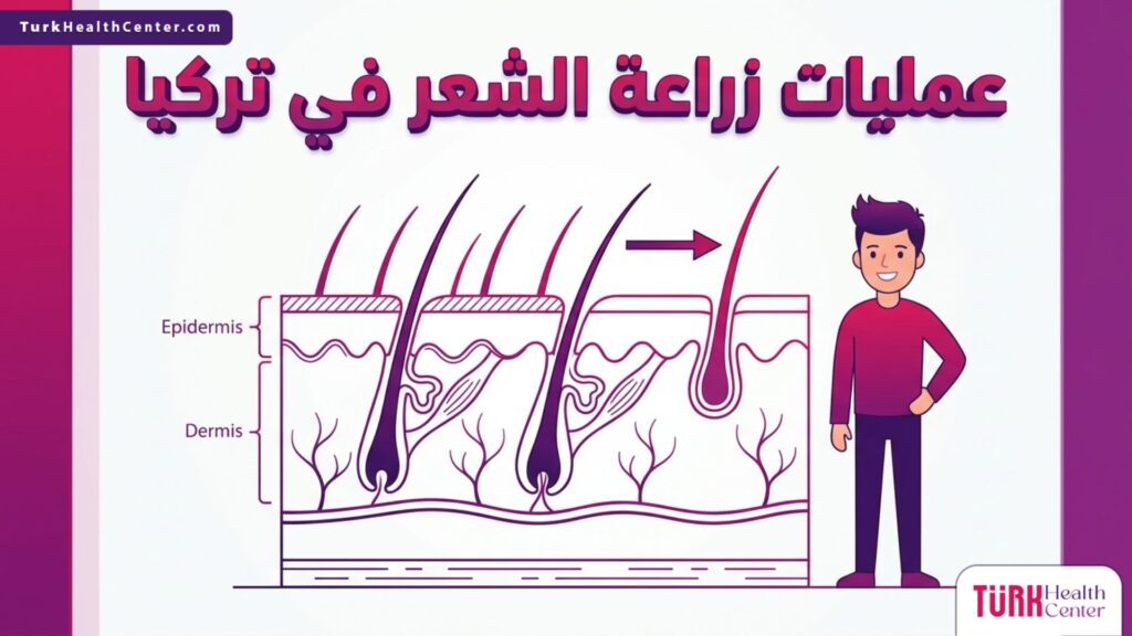 إنفوجرافيك طبي تشريحي يوضح البنية الداخلية لفروة الرأس وآلية قطف وزرع البصيلات خلال عمليات زراعة الشعر في تركيا.