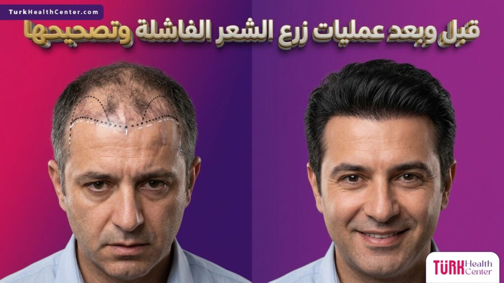 صورة مقسمة قبل وبعد تظهر خطوط التخطيط الجراحية ونتائج عمليات زرع الشعر الفاشلة وتصحيحها بخط شعر طبيعي وكثيف.