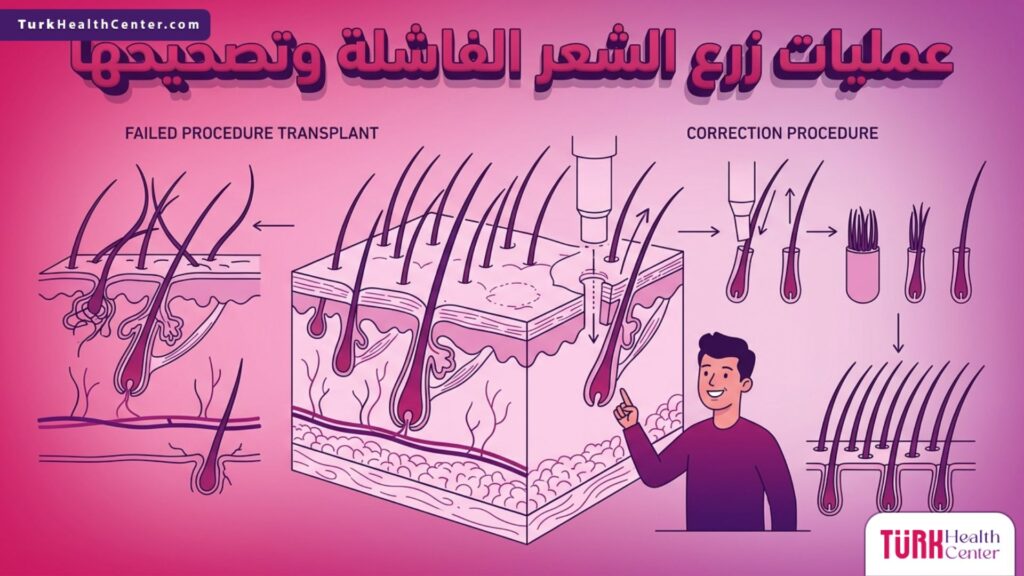 إنفوجرافيك تشريحي دقيق يوضح البنية الداخلية لفروة الرأس والأساس العلمي في عمليات زرع الشعر الفاشلة وتصحيحها وتعديل مسار البصيلات.