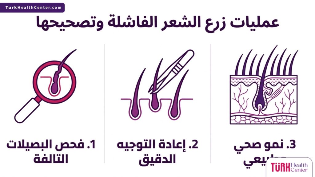 إنفوجرافيك طبي مقسم إلى ثلاث خطوات يشرح الآلية العلمية لمراحل عمليات زرع الشعر الفاشلة وتصحيحها.