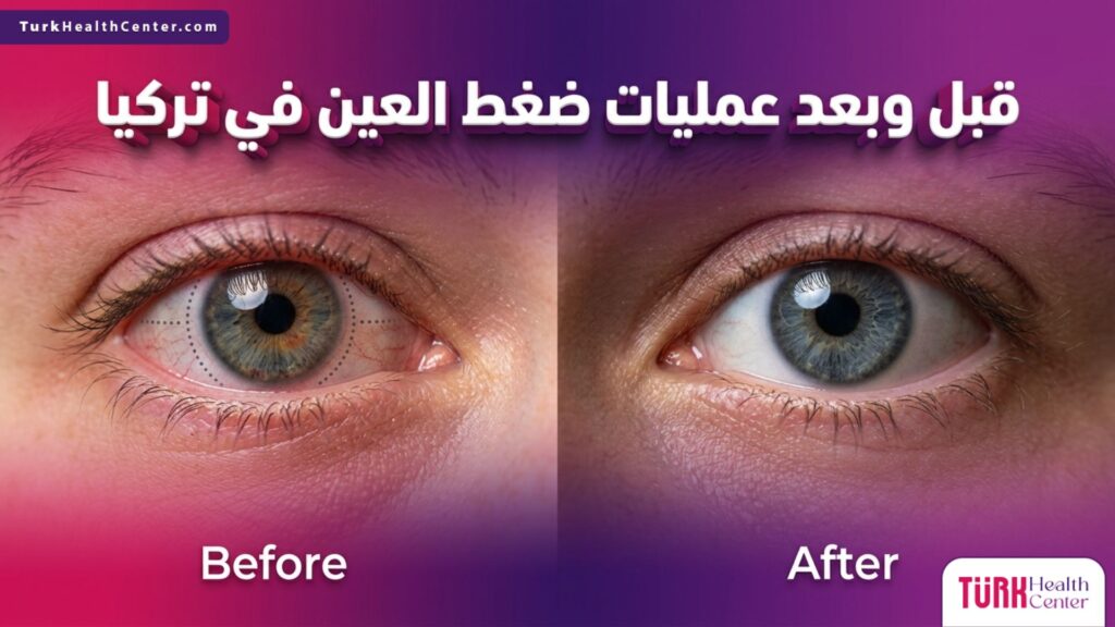 صورة مقسمة تظهر حالة العين قبل وبعد إجراء عمليات ضغط العين في تركيا مع توضيح التعافي الكامل.