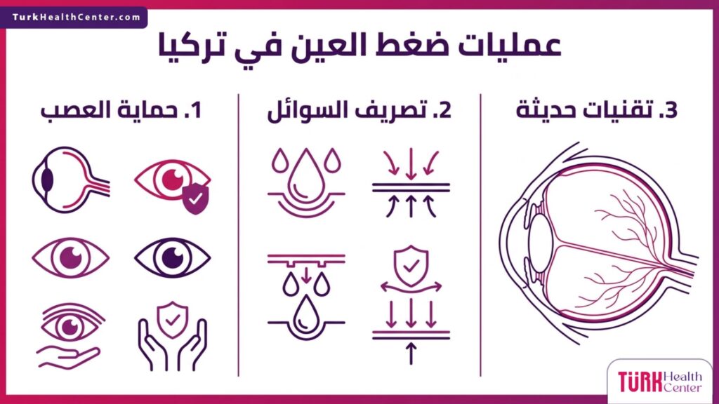 إنفوجرافيك طبي يوضح أهم ثلاث فوائد ومراحل لنجاح عمليات ضغط العين في تركيا.