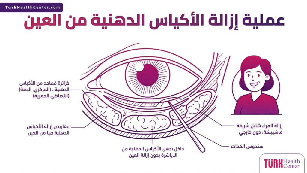 رسم تشريحي يوضح التركيب الداخلي للجفن السفلي وكيفية إجراء عملية إزالة الأكياس الدهنية من العين بدقة.