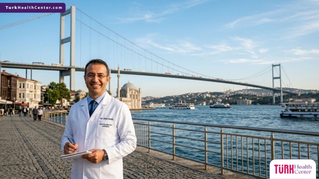 طبيب تجميل متخصص في عملية إزالة الأكياس الدهنية من العين يقف بثقة أمام جسر البوسفور في إسطنبول.