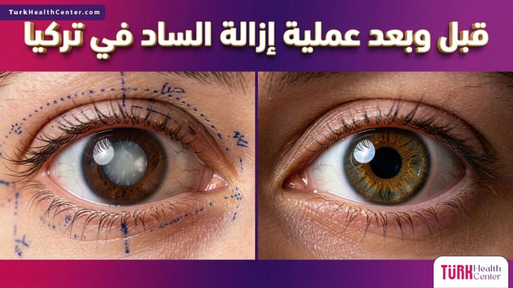 صورة قبل وبعد تظهر نتائج عملية إزالة الساد في تركيا مع استعادة وضوح عدسة العين.