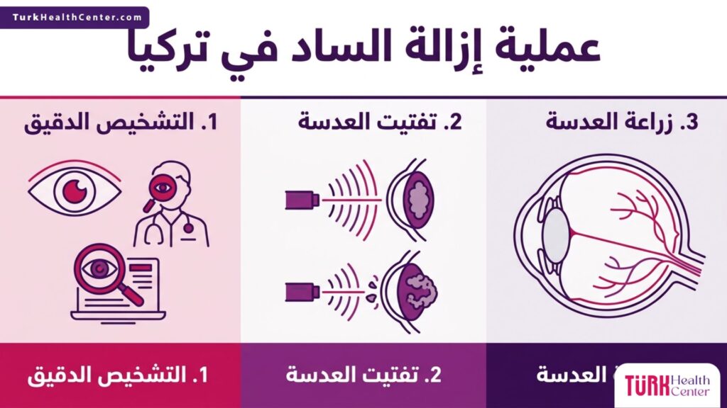 رسم توضيحي لخطوات عملية إزالة الساد في تركيا من التشخيص وحتى زراعة العدسة الجديدة.