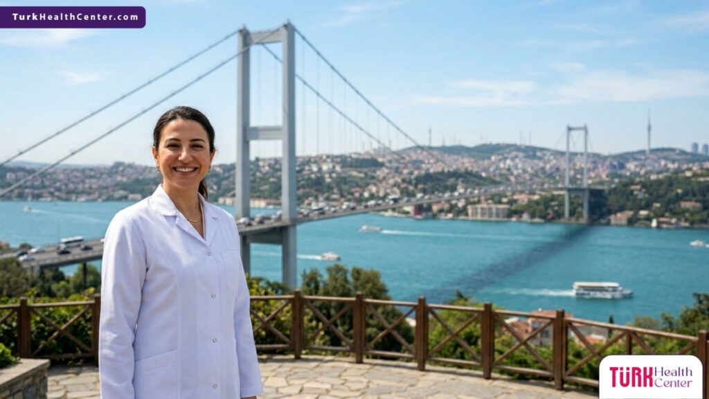 طبيب عيون خبير يقف أمام جسر البوسفور كرمز للنجاح والتطور الطبي في عملية إزالة الساد في تركيا.
