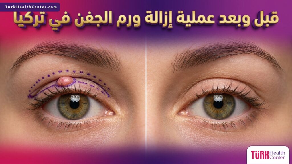 صورة مقارنة "قبل وبعد" توضح نجاح عملية إزالة ورم الجفن في تركيا واستعادة المظهر الطبيعي للعين.