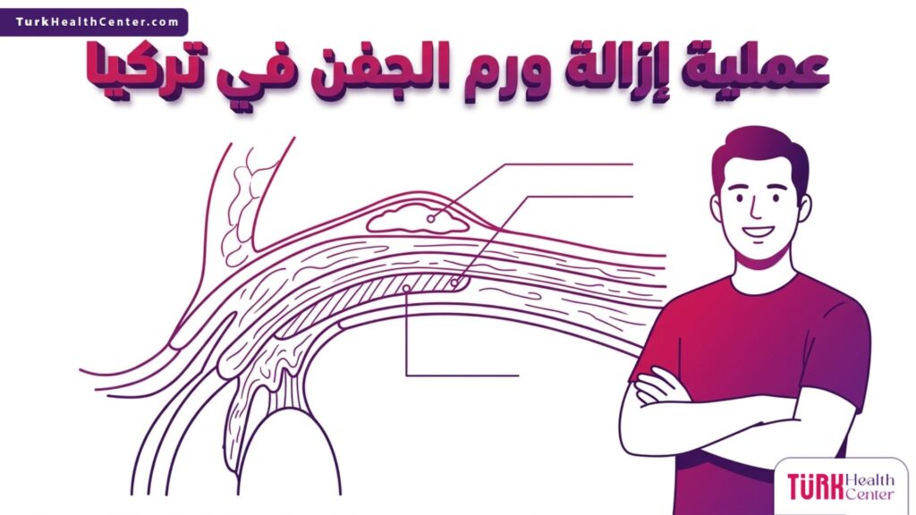 مخطط تشريحي تعليمي يوضح الطبقات الدقيقة للجفن وكيفية إجراء عملية إزالة ورم الجفن في تركيا بدقة علمية.