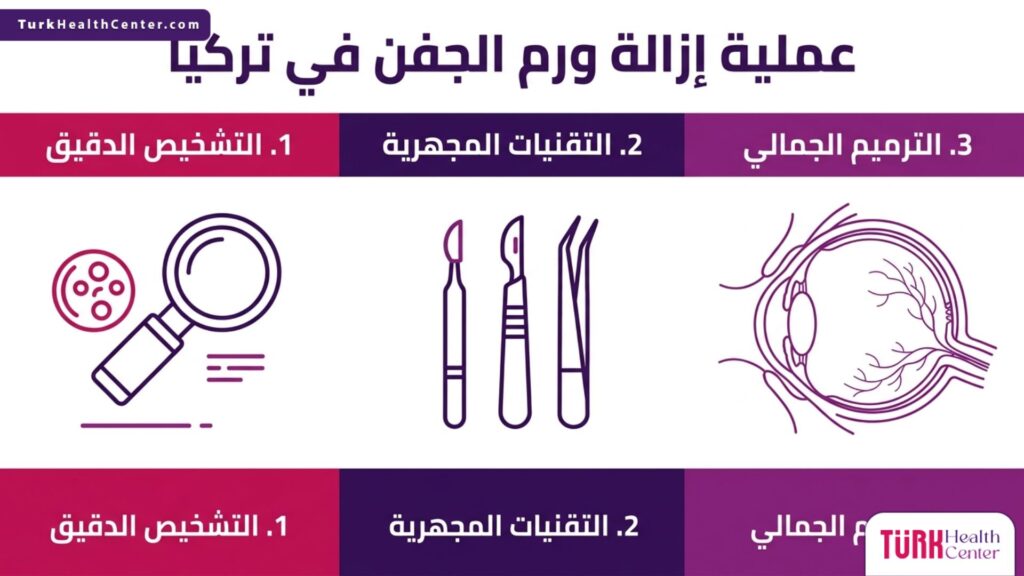 إنفوجرافيك طبي يبرز مراحل التشخيص والتقنيات المستخدمة في عملية إزالة ورم الجفن في تركيا لضمان أفضل النتائج.
