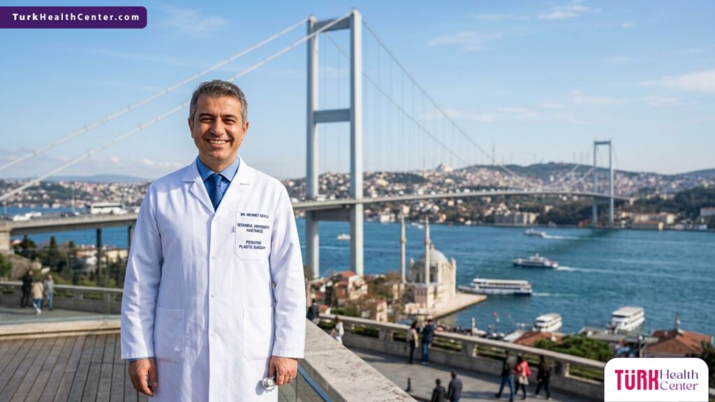 طبيب عيون أطفال متخصص في عملية ارتخاء الجفن عند الأطفال يقف مبتسماً أمام جسر البوسفور في إسطنبول.