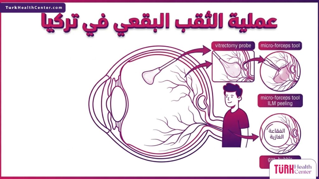 إنفوجرافيك تشريحي يوضح التركيب الداخلي للعين وخطوات عملية الثقب البقعي في تركيا