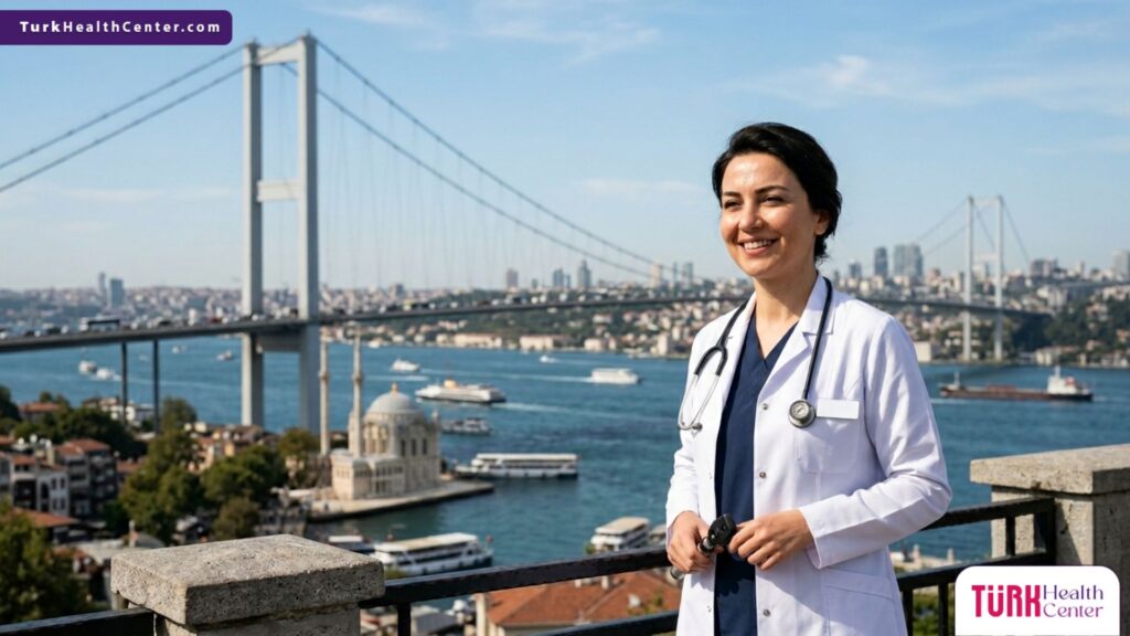 أفضل جراح عيون متخصص في إجراء عملية الثقب البقعي في تركيا يقف أمام جسر البوسفور