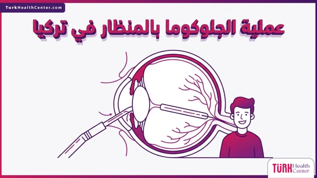 رسم تشريحي دقيق ثلاثي الأبعاد يوضح الهيكل الداخلي للعين وكيفية إجراء عملية الجلوكوما بالمنظار في تركيا