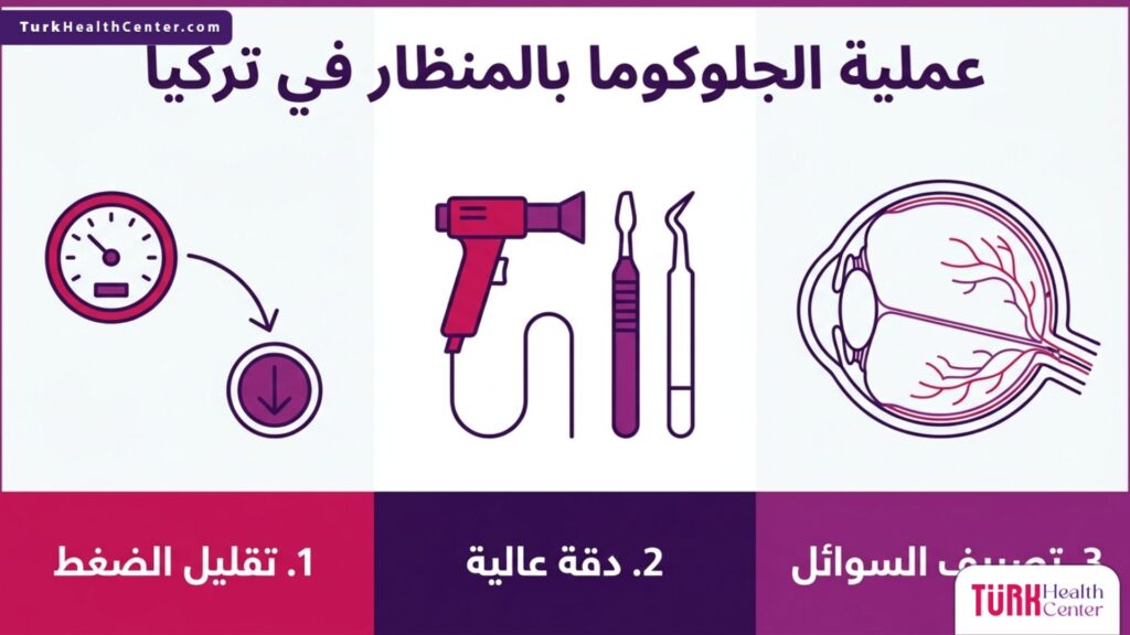 إنفوجرافيك تفصيلي يوضح خطوات وفوائد عملية الجلوكوما بالمنظار في تركيا