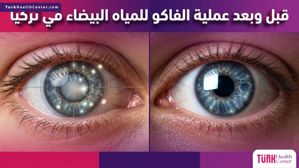 صورة مقسمة توضح عدسة العين قبل وبعد عملية الفاكو للمياه البيضاء في تركيا مع توضيح الصفاء التام للرؤية.