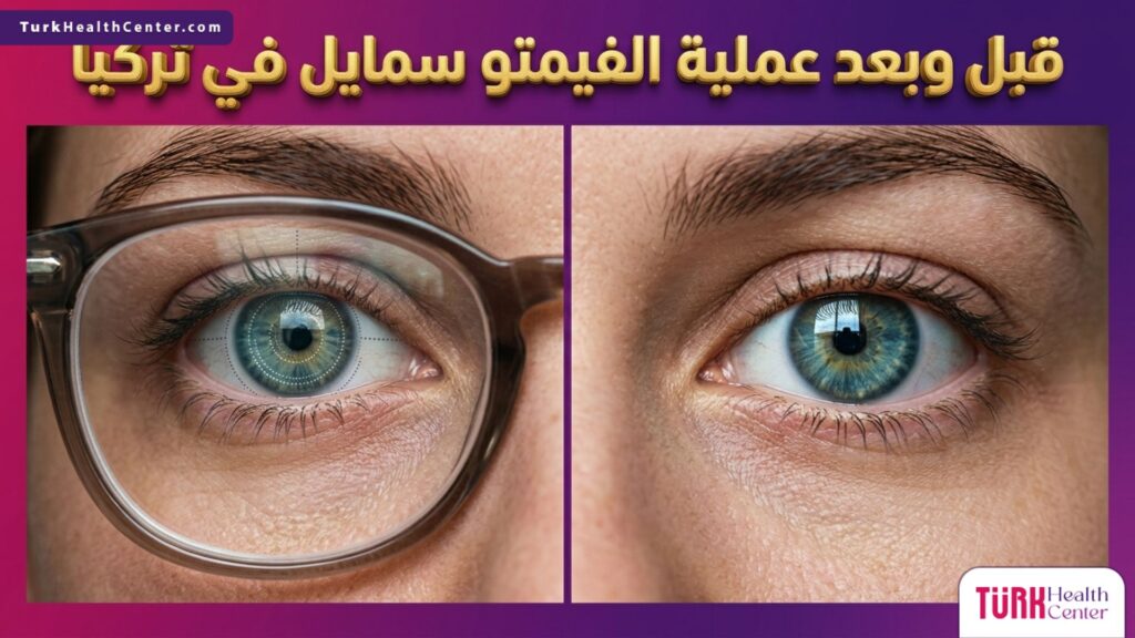 مقارنة بصرية قبل وبعد عملية الفيمتو سمايل في تركيا، تظهر الاستغناء التام عن النظارات الطبية والحصول على رؤية واضحة.