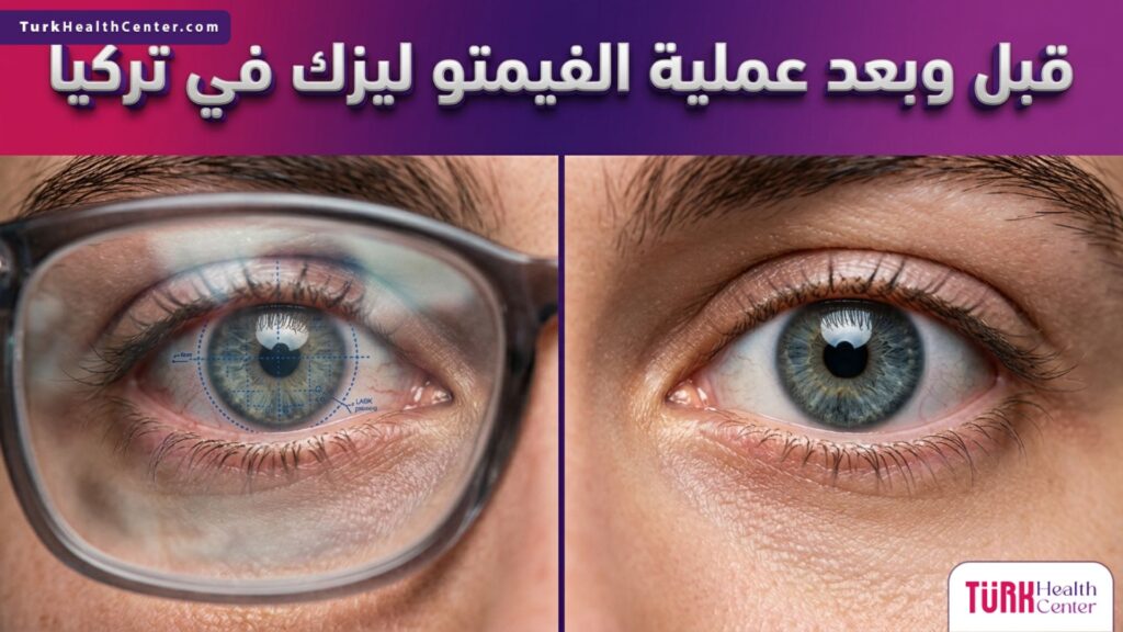 صورة مقسومة توضح حالة الرؤية قبل وبعد عملية الفيمتو ليزك في تركيا، مع التركيز على وضوح العين بدون نظارات.