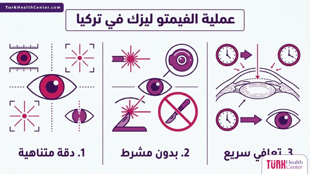 إنفوجرافيك طبي باللون الأرجواني يوضح خطوات ومزايا عملية الفيمتو ليزك في تركيا بثلاثة نقاط رئيسية.