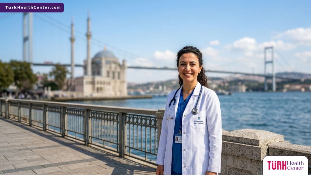 طبيب عيون جراح يقف بثقة أمام جسر البوسفور، ليمثل السياحة العلاجية المتميزة لإجراء عملية الفيمتو ليزك في تركيا.