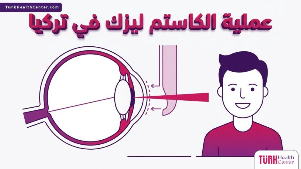 رسم توضيحي طبي ثلاثي الأبعاد يشرح تشريح القرنية وكيفية عمل عملية الكاستم ليزك في تركيا.