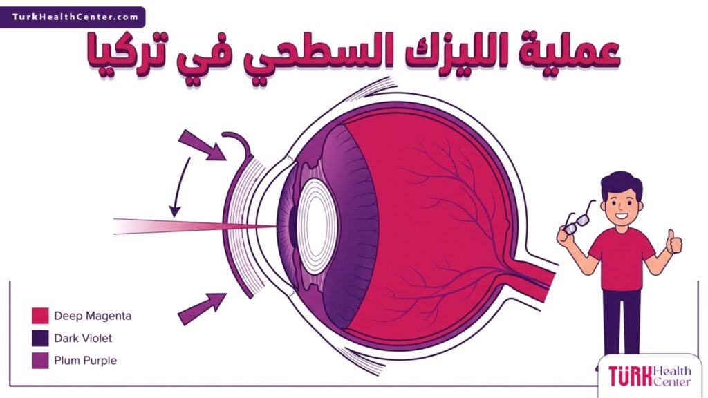 إنفوجرافيك طبي تشريحي يوضح كيفية إعادة تشكيل القرنية بالليزر خلال عملية الليزك السطحي في تركيا.