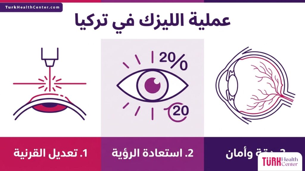 تصميم إنفوجرافيك يشرح مراحل ومميزات جراحة عملية الليزك في تركيا.