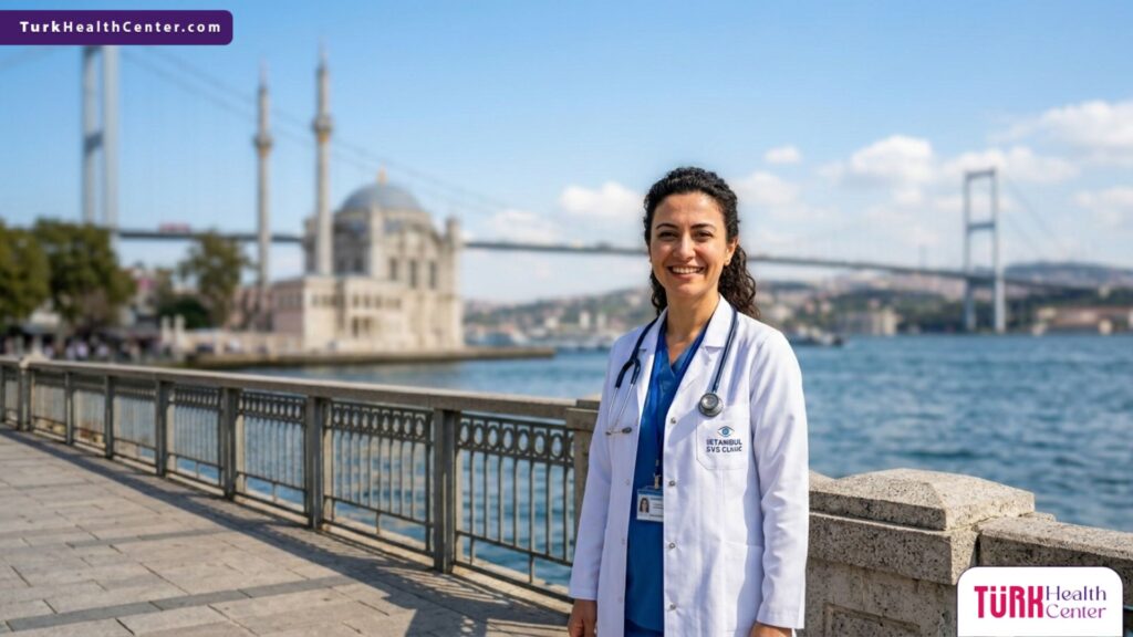 أفضل طبيب عيون متخصص في إجراء عملية الليزك في تركيا يقف أمام جسر البوسفور في اسطنبول.