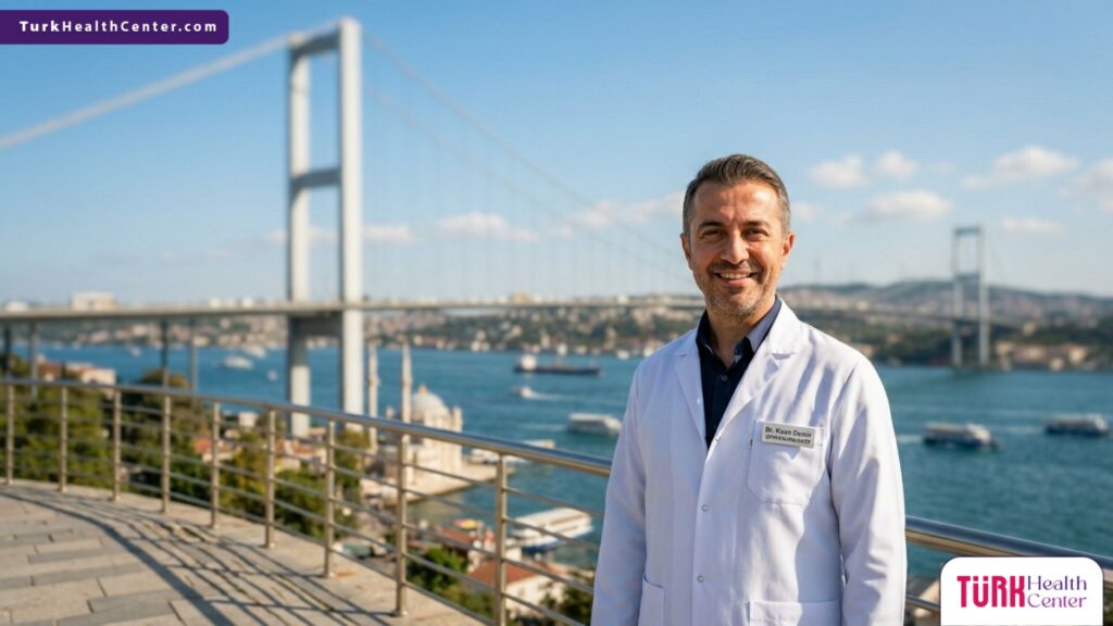 طبيب عيون خبير يقف بثقة أمام جسر البوسفور ممثلاً السياحة العلاجية و عملية الماء الأبيض في تركيا