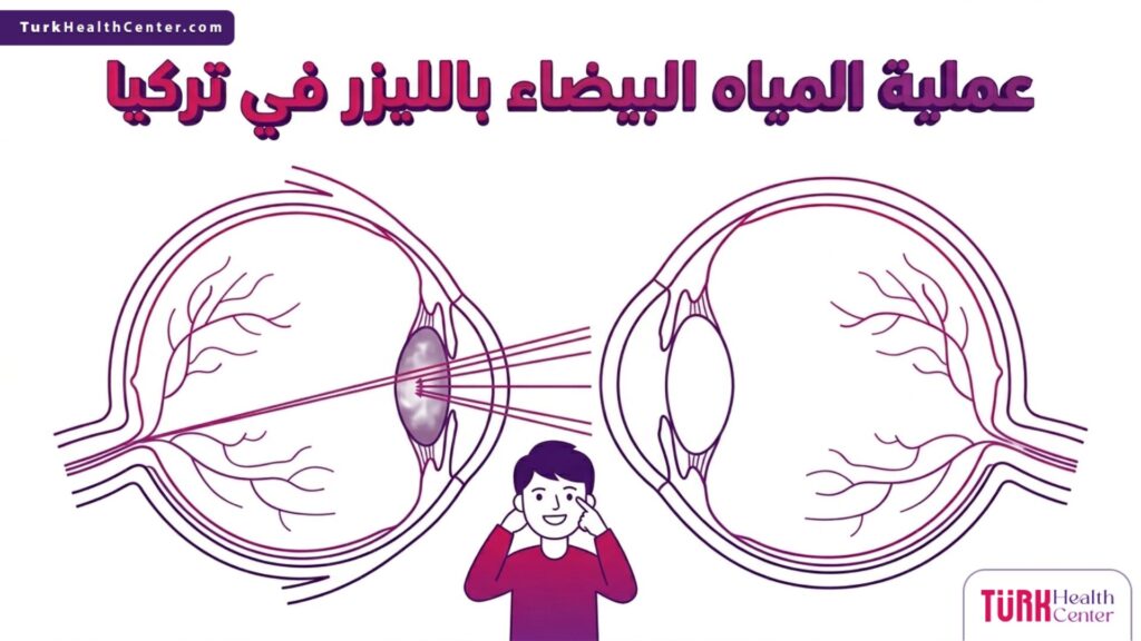 رسم إنفوجرافيك طبي دقيق يوضح التشريح الداخلي للعين وكيفية استهداف الساد خلال عملية المياه البيضاء بالليزر في تركيا.