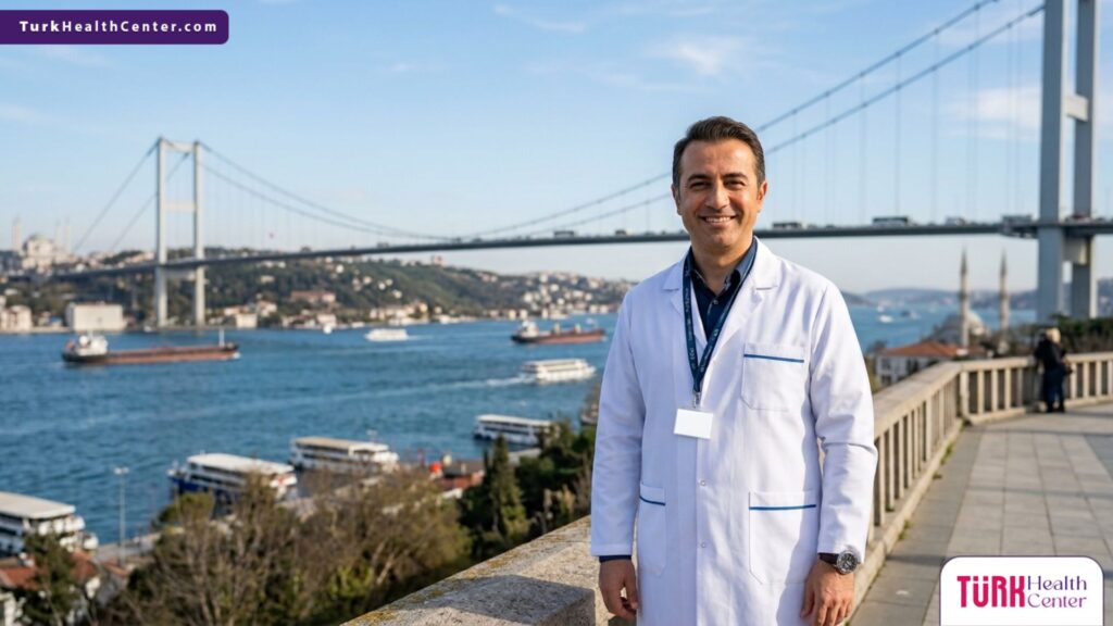 طبيب عيون خبير ومبتسم يقف أمام جسر البوسفور، ليمثل الريادة الطبية والتميز في عملية انفصال الشبكية في تركيا.