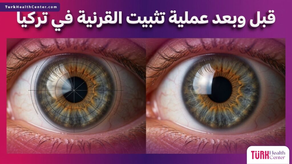 مقارنة واقعية تظهر شكل العين قبل وبعد عملية تثبيت القرنية في تركيا مع توضيح استقرار شكل القرنية وتصحيح انحنائها.
