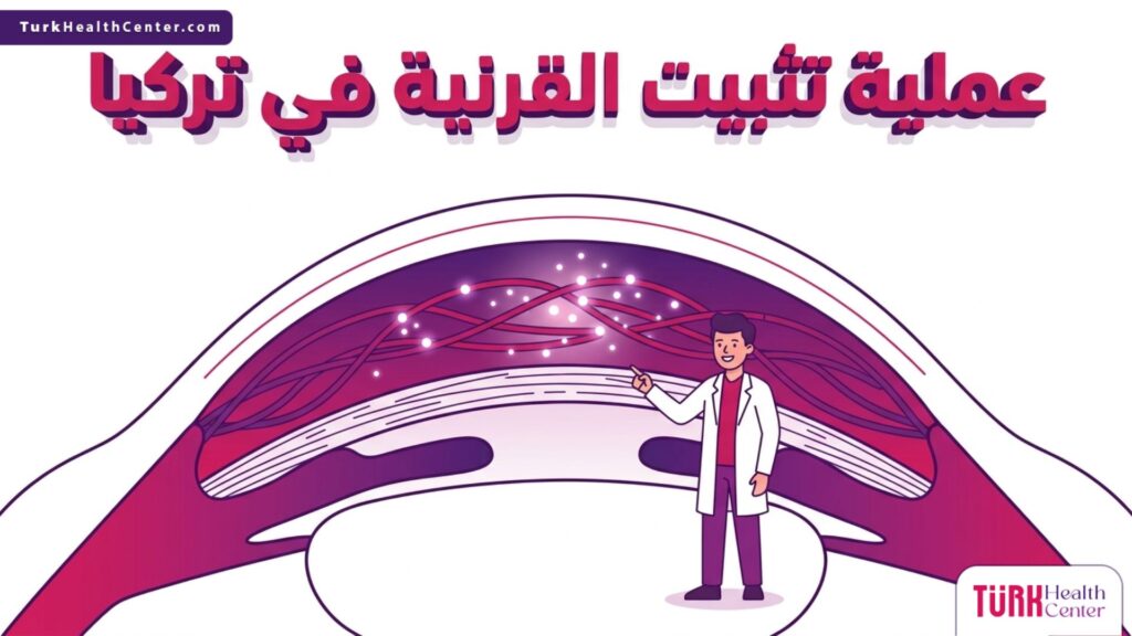 إنفوجرافيك تعليمي يوضح التشريح الداخلي للعين وكيفية تقوية ألياف الكولاجين أثناء عملية تثبيت القرنية في تركيا.