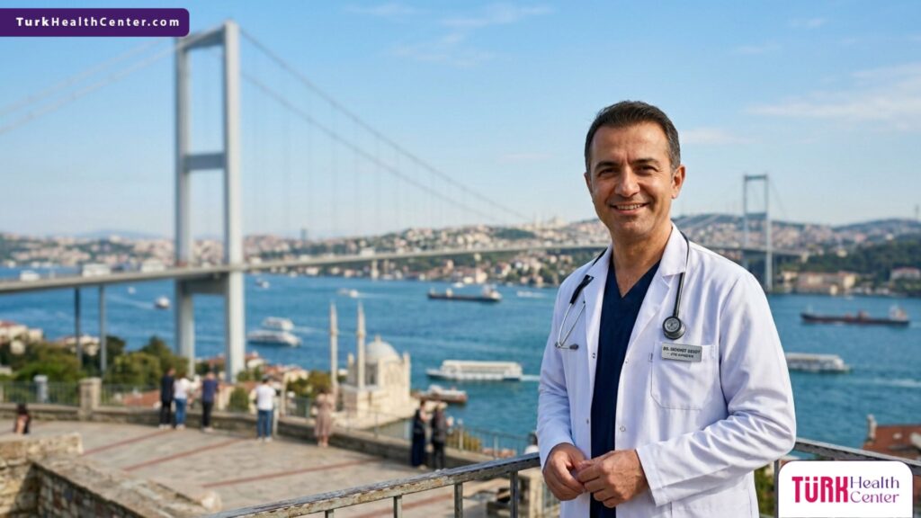 طبيب عيون خبير يقف أمام جامع آيا صوفيا في إسطنبول، مما يرمز لدمج الخبرة الطبية مع السياحة العلاجية لإجراء عملية تثبيت القرنية في تركيا.