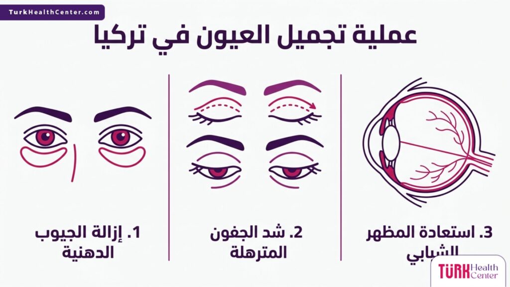 إنفوجرافيك يوضح خطوات وفوائد عملية تجميل العيون في تركيا من شد وإزالة للدهون