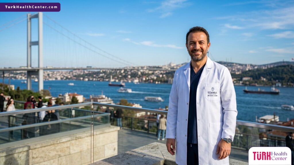 طبيب تجميل متخصص في عملية تجميل العيون في تركيا يقف أمام جسر البوسفور في اسطنبول