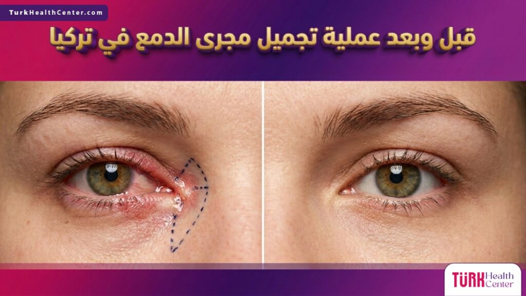 صورة مقسمة تظهر حالة العين قبل وبعد عملية تجميل مجرى الدمع في تركيا مع علامات طبية جراحية دقيقة.