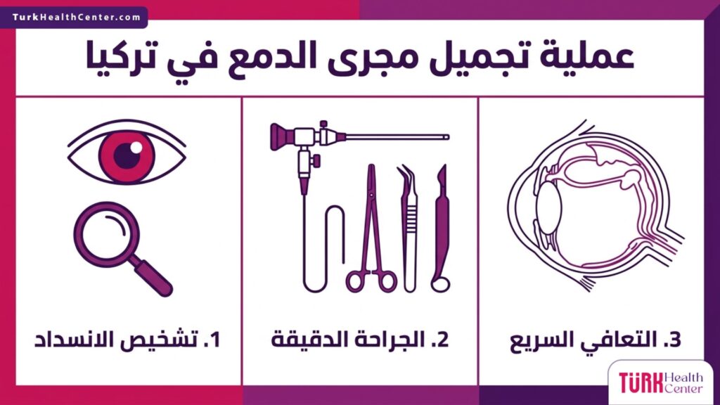 إنفوجرافيك طبي مقسم يوضح خطوات وتشخيص وتفاصيل عملية تجميل مجرى الدمع في تركيا.