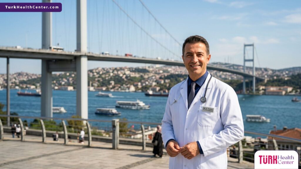 طبيب جراح يقف بثقة أمام جسر البوسفور، مما يبرز تفوق السياحة العلاجية و عملية تجميل مجرى الدمع في تركيا.