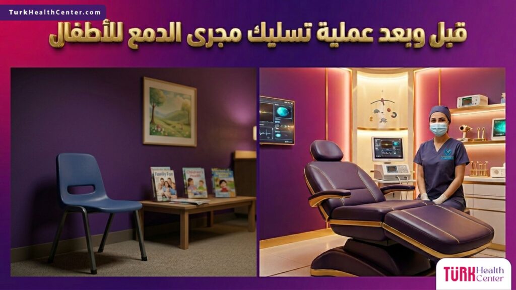 صورة مقسمة توضح التحول الجذري في بيئة الرعاية الطبية قبل وبعد عملية تسليك مجرى الدمع للأطفال.