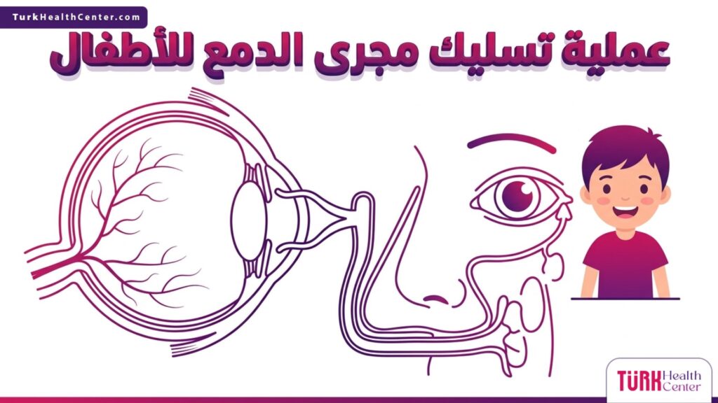 إنفوجرافيك تشريحي يوضح القناة الدمعية للعين وآلية عملية تسليك مجرى الدمع للأطفال.