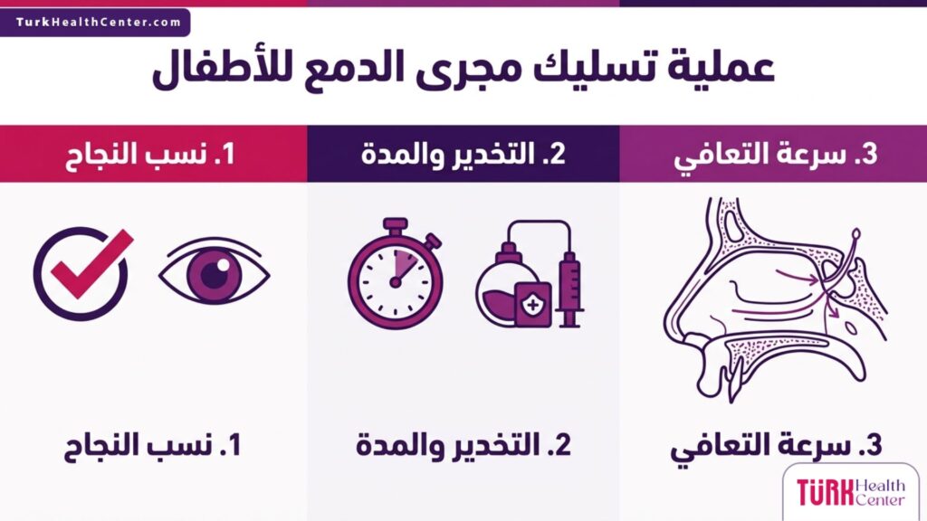 إنفوجرافيك طبي يسلط الضوء على 3 حقائق هامة حول عملية تسليك مجرى الدمع للأطفال.