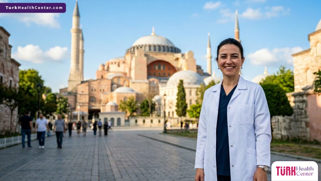 طبيب عيون أطفال متخصص يقف بثقة أمام مسجد آيا صوفيا في إسطنبول، تركيا، لتقديم عملية تسليك مجرى الدمع للأطفال.