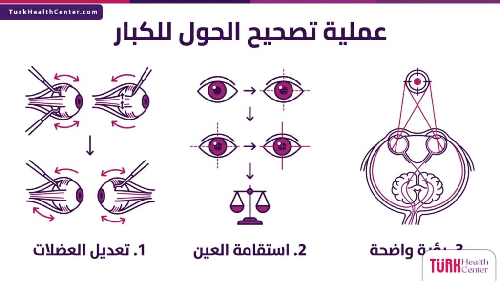 إنفوجرافيك طبي يوضح أهم ثلاث خطوات ومراحل علمية في عملية تصحيح الحول للكبار.