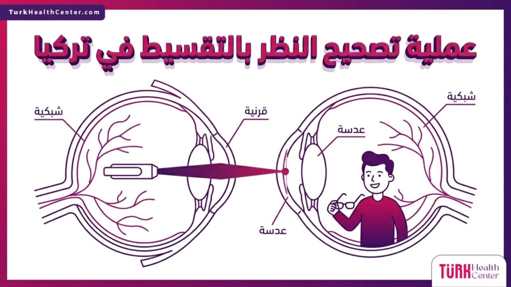 رسم توضيحي علمي لمقطع عرضي للعين يبرز تقنية الليزر المستخدمة في عملية تصحيح النظر بالتقسيط في تركيا.
